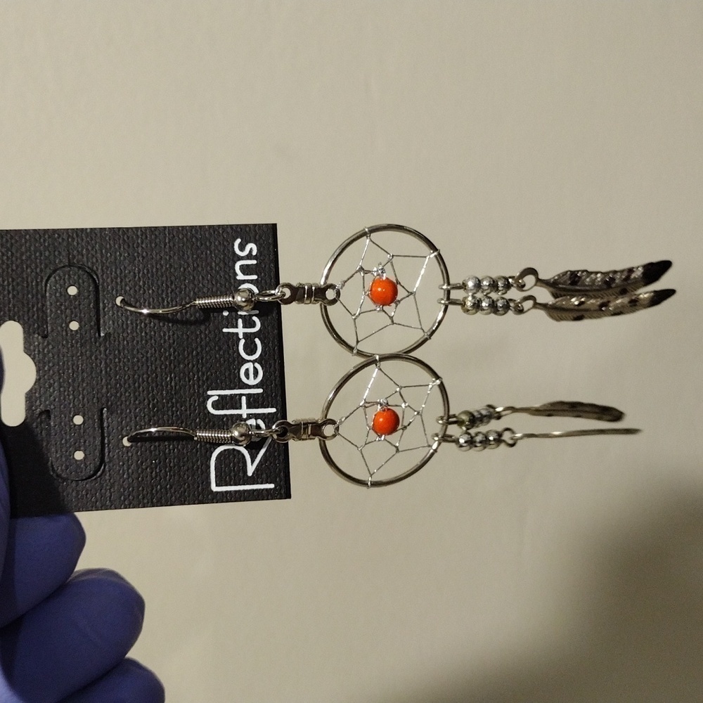 Statement 3.25" Dreamcatcher Earrings – Dreamcatcher Silver Feather, Coral Beads - Picture 5 of 6
